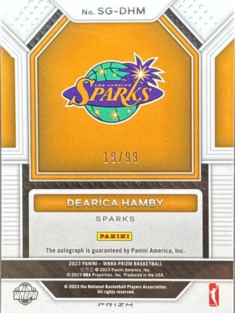 Panini Prizm Dearica Hamby Autographed Sparks WMBA Trading Card- LE 19/99